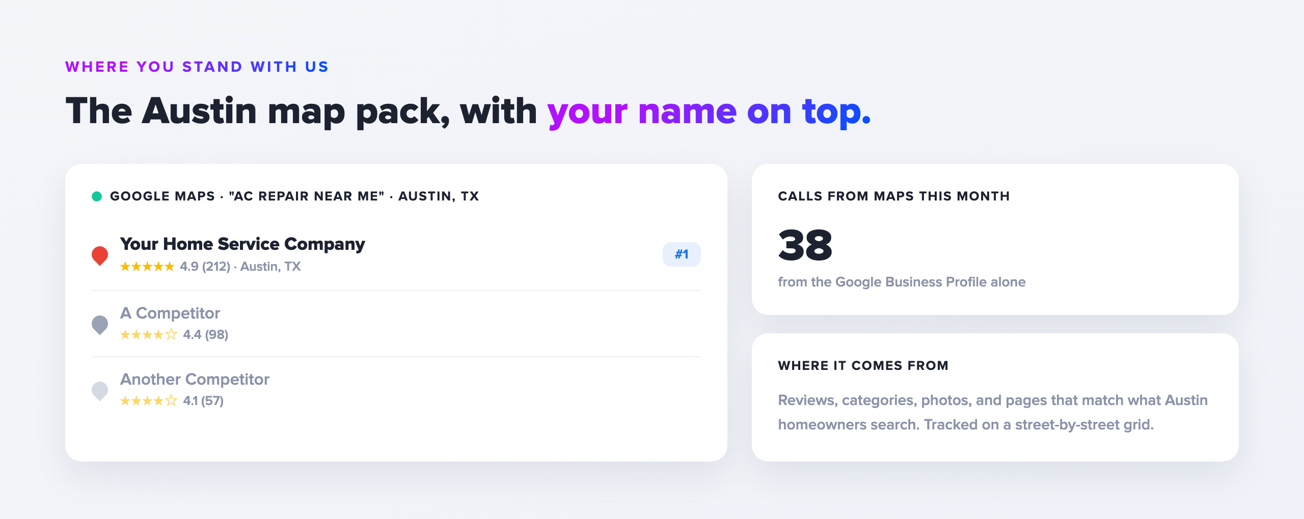 Google Maps 3-pack for an Austin search with your home service company ranked first