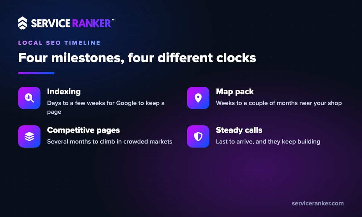 Local SEO timeline for a home service business: indexing in days to weeks, map pack movement in weeks to a couple of months, competitive pages over several months, and steady calls last.