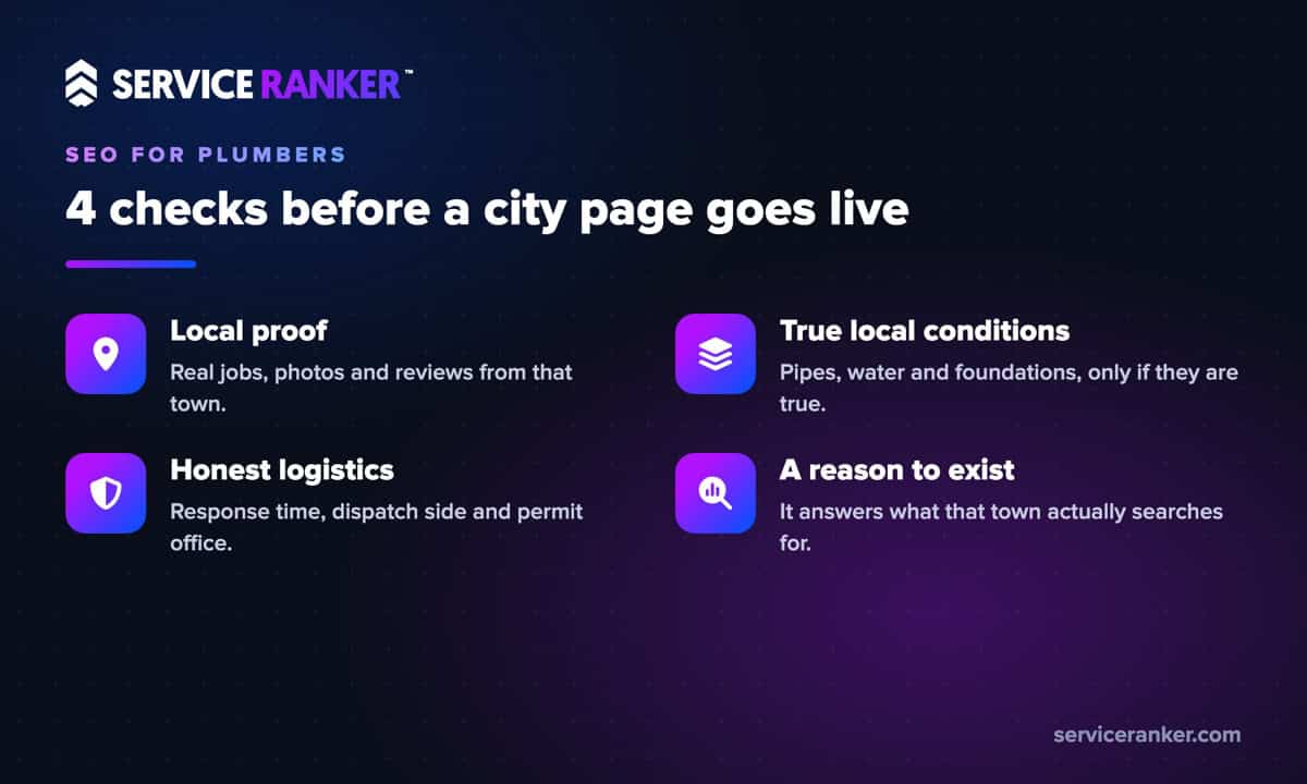 Four checks a plumbing company's service area page should pass before it goes live: local proof, true local conditions, honest logistics, and a reason to exist.