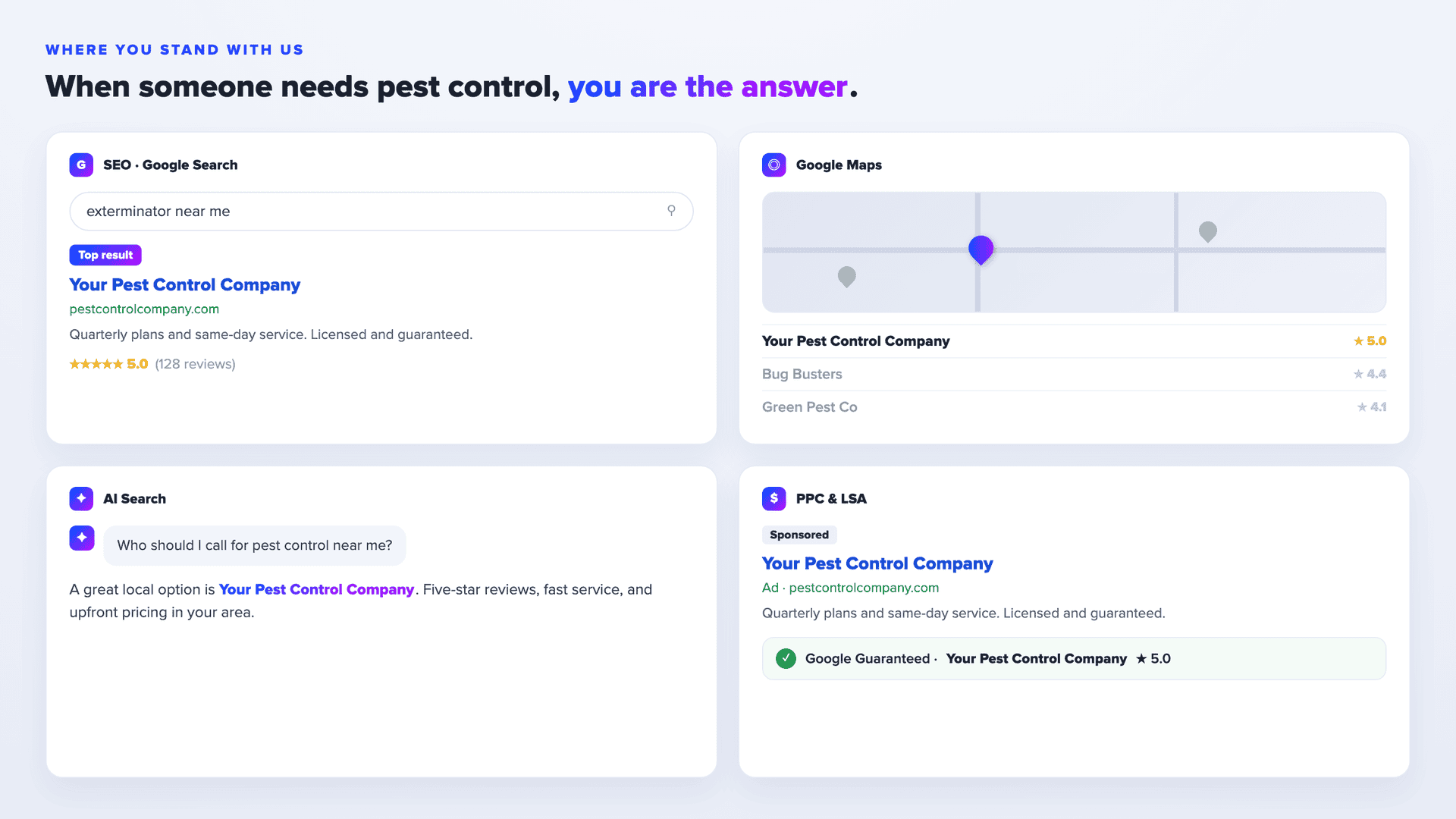 How we get a pest control company found across Google search, Google Maps, and AI search