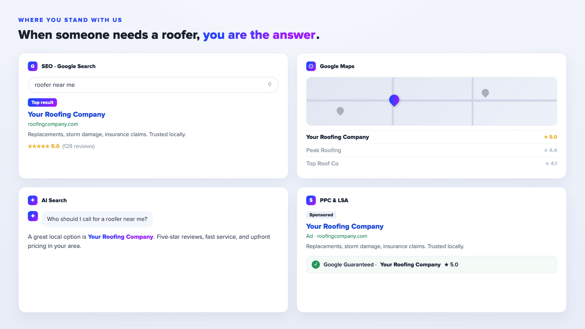 Service Ranker Blueprint image showing SEO, Google Maps, AI Search, PPC & LSA for roofing.